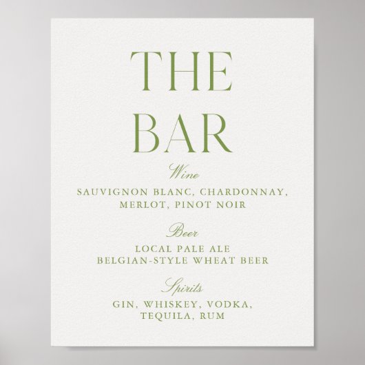 Elegant Sage Green & Beige Wedding Bar Sign Poster (Voorkant)