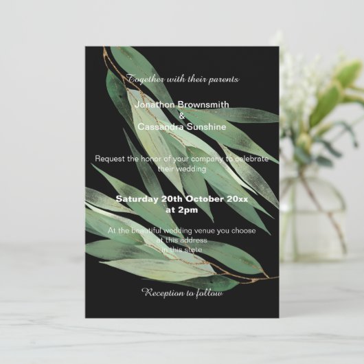 ELEGANT SAGE GREEN BLACK EUCALYPTUS WEDING KAART (Staand voorkant)