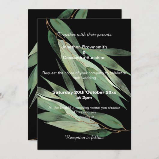 ELEGANT SAGE GREEN BLACK EUCALYPTUS WEDING KAART (Voorkant / Achterkant)