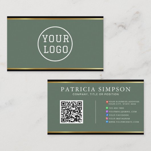 Elegant Sage Green Black Gold Professional QR Code Visitekaartje (Voorkant / Achterkant)