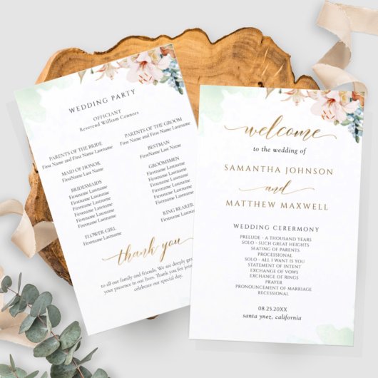 Elegant Sage Green Blush Floral Wedding Programme