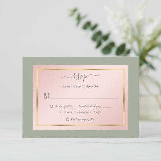 Elegant Sage Green Blush Gold Wedding RSVP Kaarten (Staand voorkant)