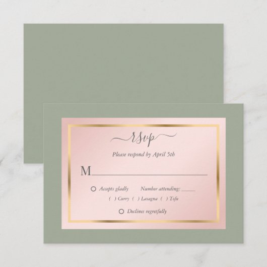 Elegant Sage Green Blush Gold Wedding RSVP Kaarten (Voorkant / Achterkant)
