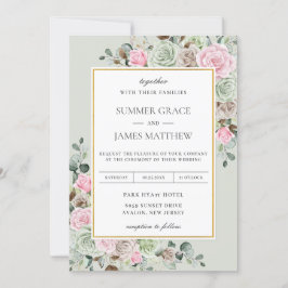 Elegant Sage Green Blush Pink Brown Floral Wedding Kaart