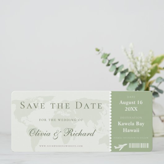 Elegant Sage Green Boarding Pass Save the Date Kaart (Staand voorkant)