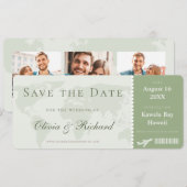 Elegant Sage Green Boarding Pass Save the Date Kaart (Voorkant / Achterkant)