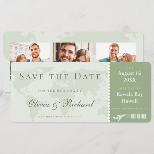 Elegant Sage Green Boarding Pass Save the Date Kaart (Voorkant / Achterkant)
