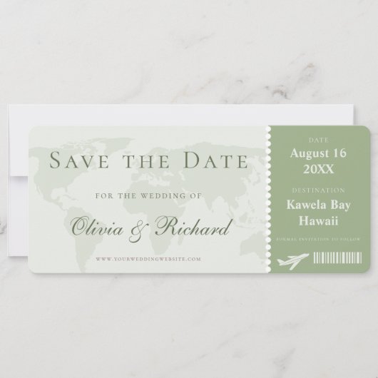 Elegant Sage Green Boarding Pass Save the Date Kaart (Voorkant)