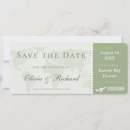 Elegant Sage Green Boarding Pass Save the Date Kaart