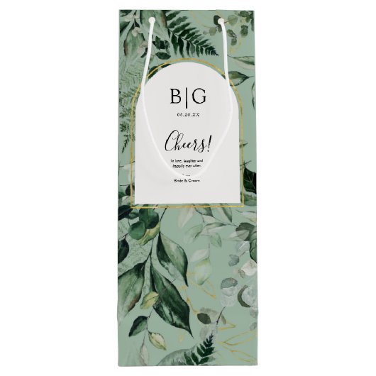 Elegant Sage Green Botanical bruiloft Wijn Cadeautas (Achterkant)