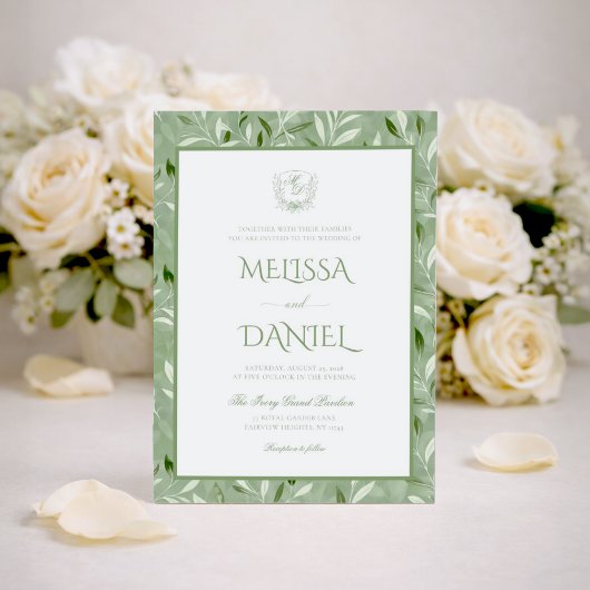 Elegant Sage Green Botanical Crest Wedding Kaart