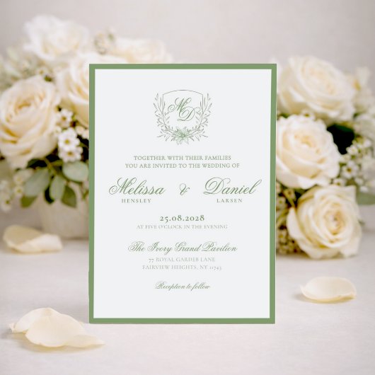 Elegant Sage Green Botanical Crest Wedding Kaart