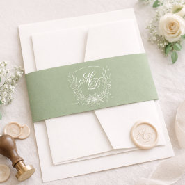 Elegant Sage Green Botanical Crest Wedding Uitnodigingen Wikkel