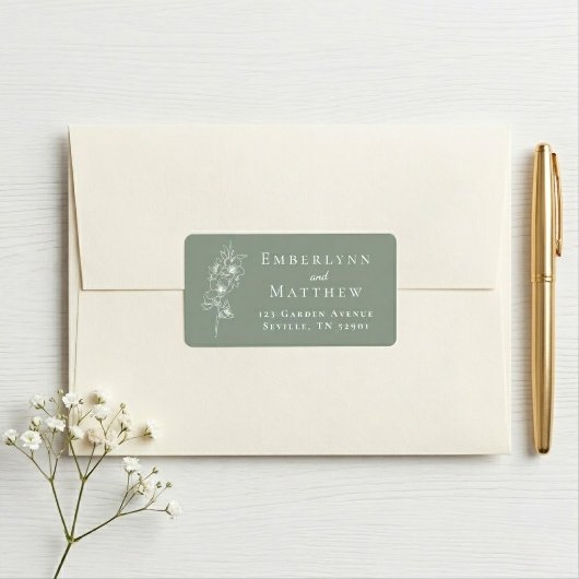 Elegant Sage Green Botanical Wedding Address Etiket