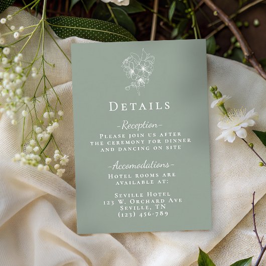 Elegant Sage Green Botanical Wedding Details Informatiekaartje