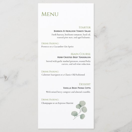 Elegant Sage Green Botanical Wedding Menu (Voorkant)