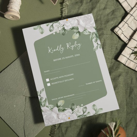 Elegant Sage Green Botanical White Floral Wedding RSVP Kaartje
