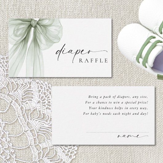 Elegant Sage Green Bow Baby Shower Diaper Raffle Informatiekaartje