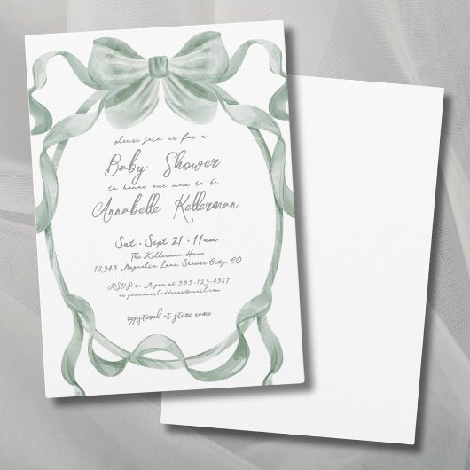 Elegant Sage Green Bow Baby shower Kaart