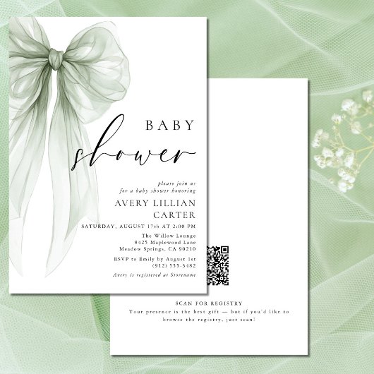 Elegant Sage Green Bow Baby shower Kaart