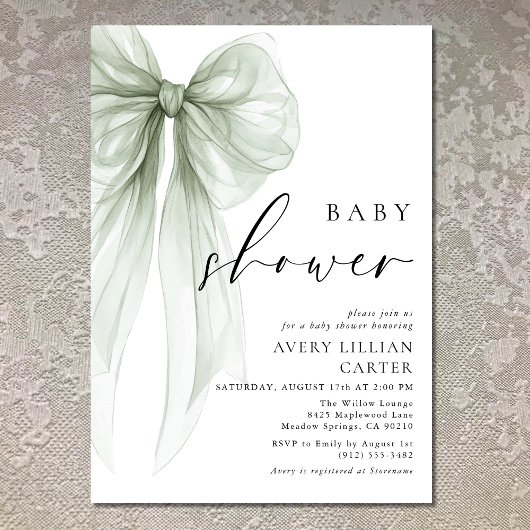 Elegant Sage Green Bow Baby shower Kaart