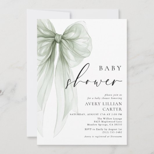 Elegant Sage Green Bow Baby shower Kaart (Voorkant)