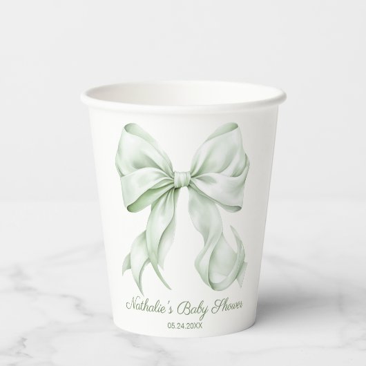 Elegant Sage Green Bow Baby shower Papieren Bekers (Achterkant)