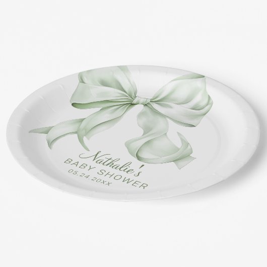 Elegant Sage Green Bow Baby shower Papieren Bordje (Gekanteld)