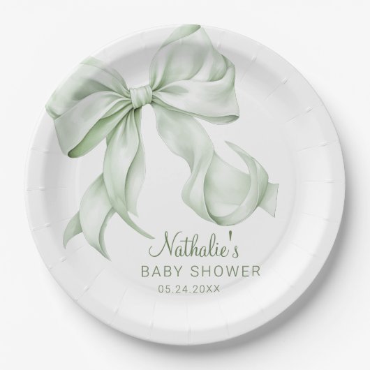 Elegant Sage Green Bow Baby shower Papieren Bordje (Voorkant)