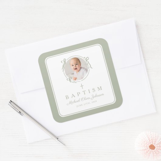 Elegant Sage Green Bow Boy Photo Baptism Vierkante Sticker (Envelop)