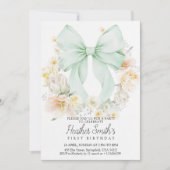 Elegant Sage Green Bow Floral First Birthday Kaart (Voorkant)
