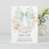 Elegant Sage Green Bow Floral First Birthday Kaart (Staand voorkant)