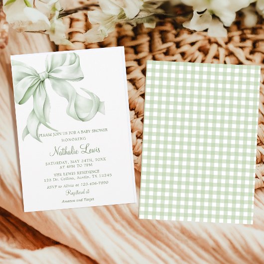 Elegant Sage Green Bow Gingham Baby shower Kaart