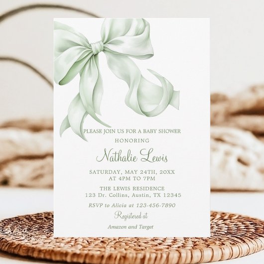 Elegant Sage Green Bow Gingham Baby shower Kaart