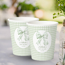 Elegant Sage Green Bow Gingham Baby shower Papieren Bekers