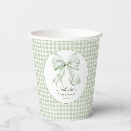 Elegant Sage Green Bow Gingham Baby shower Papieren Bekers (Achterkant)