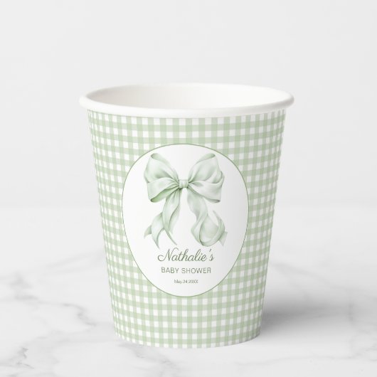 Elegant Sage Green Bow Gingham Baby shower Papieren Bekers (Voorkant)