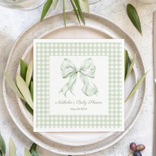 Elegant Sage Green Bow Gingham Baby shower Servet