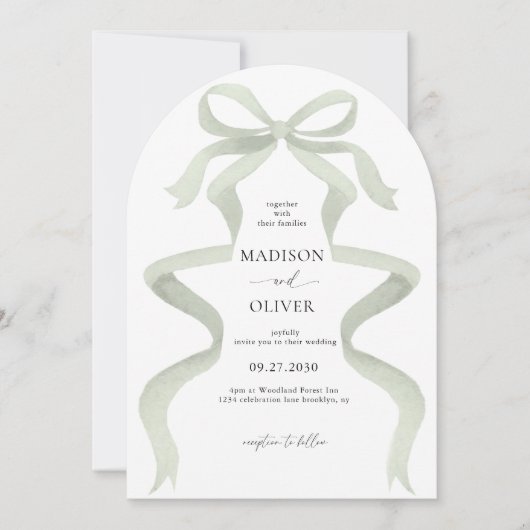 Elegant Sage Green Bow Monogram Arch Wedding Kaart (Voorkant)