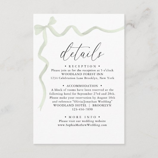 Elegant Sage Green Bow Monogram Wedding Details Informatiekaartje (Voorkant)