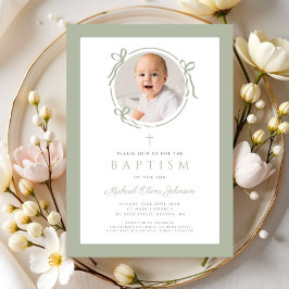 Elegant Sage Green Bow Photo Baptism Kaart