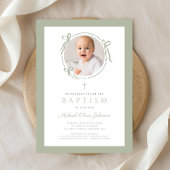 Elegant Sage Green Bow Photo Baptism Kaart