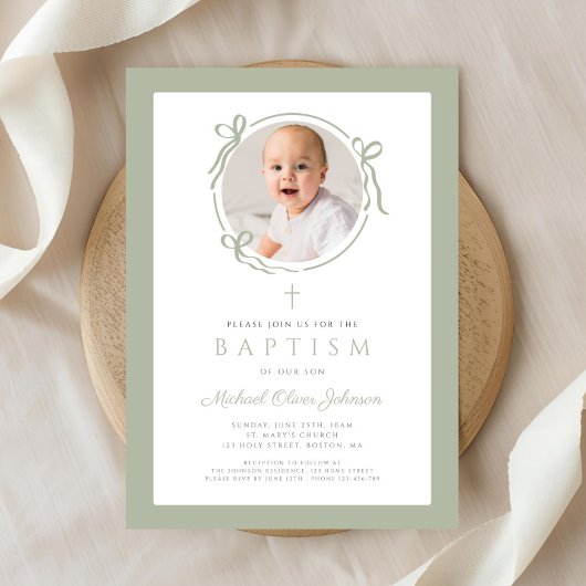 Elegant Sage Green Bow Photo Baptism Kaart
