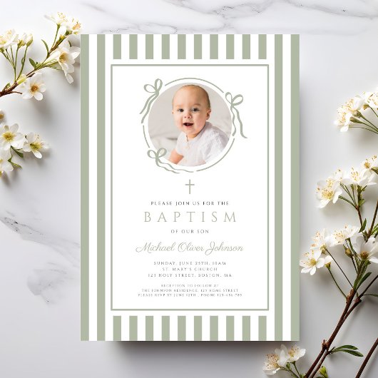 Elegant Sage Green Bow Photo Boy Baptism Kaart