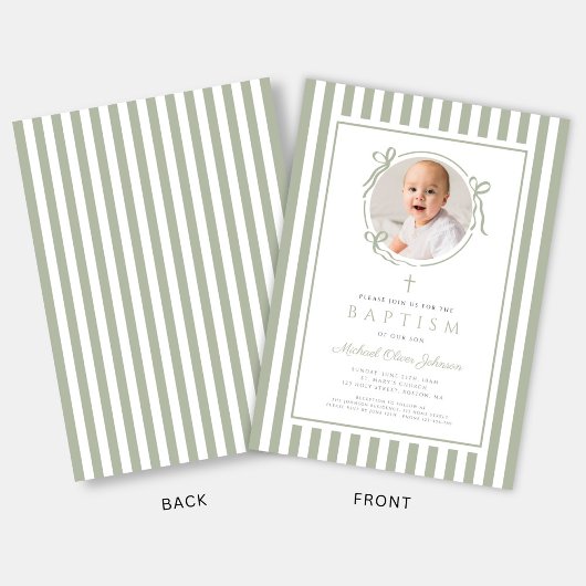 Elegant Sage Green Bow Photo Boy Baptism Kaart