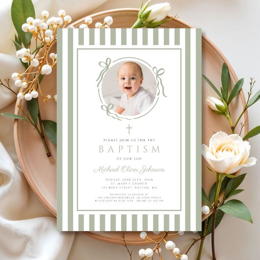 Elegant Sage Green Bow Photo Boy Baptism Kaart