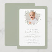Elegant Sage Green Bow Photo Boy Baptism Kaart (Voorkant / Achterkant)