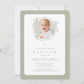 Elegant Sage Green Bow Photo Boy Baptism Kaart