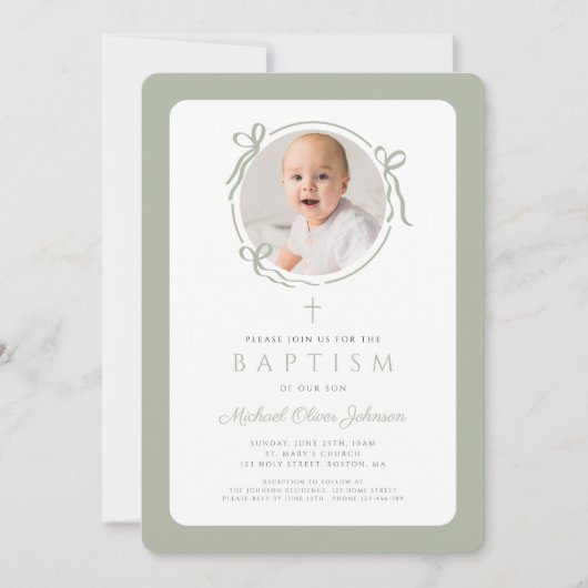 Elegant Sage Green Bow Photo Boy Baptism Kaart (Voorkant)