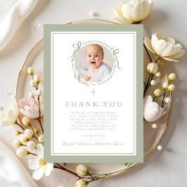 Elegant Sage Green Bow Religious Baptism Photo Bedankkaart